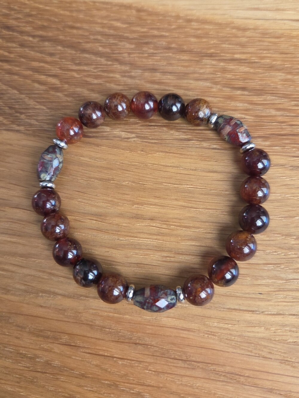 Hessonite Garnet & Czech Glass Beads Stretch Bracelet | Handmade